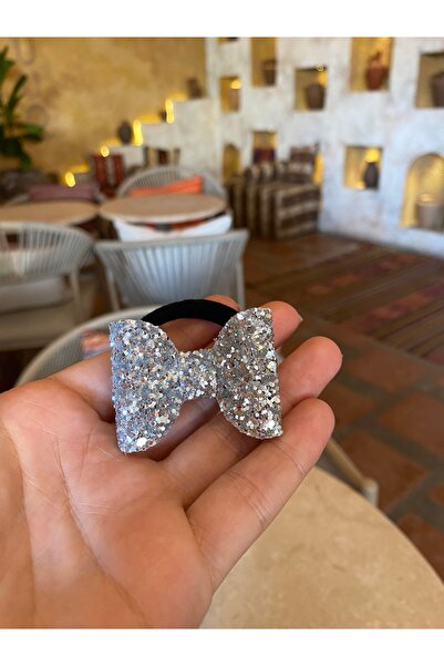 Little Sparkle Co. Silver Glitter Bow Rubber Buckle Set of 2 – Shiny Baby and Children's Hair Clip