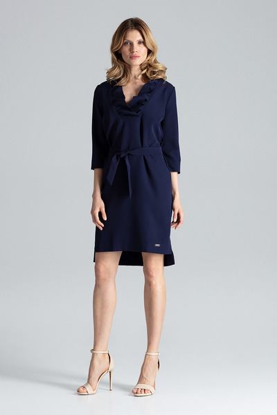 Figl Rochie elegantă bleumarin cu decolteu cu volane și curea - M644 mărimea XL