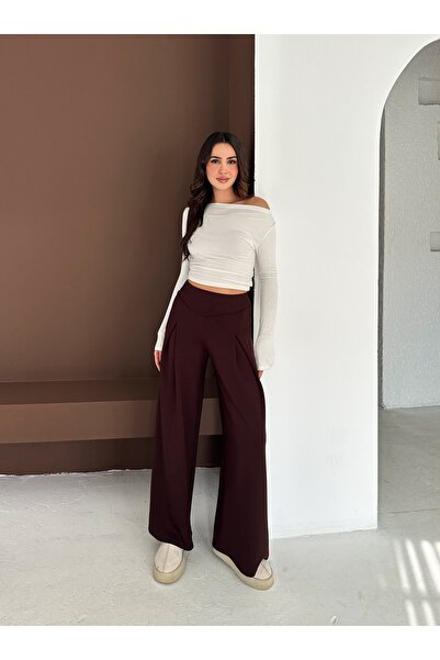 winmoda Soft Textured Front Plied Pants - Modal Fabric Wide Pants with Front Plied