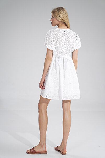 Figl White mini dress with V-neck - summer dress M763 size S/M