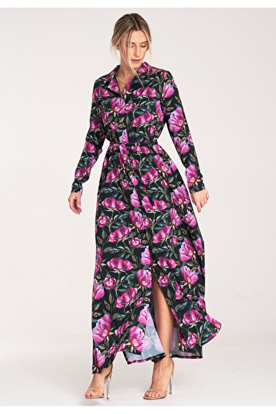 Figl Rochie cămașă - rochie maxi cu nasturi - imprimeu floral negru M1077 măr...