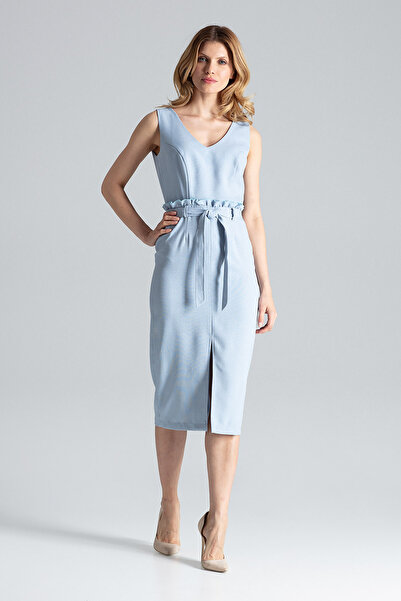 Figl Rochie midi elegantă, albastru deschis, cu curea și decolteu în V - M633...