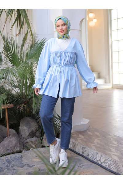 Nergis Neva Butik Belted Gathered Kimono Tunic - Blue - Nergis Neva