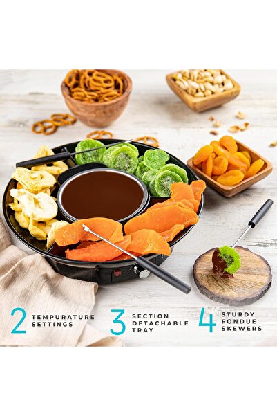Saharaz Electric Fondue Pot,Temperature Control,Detachable Serving Trays, 4 Roasting Forks,Date Night Idea