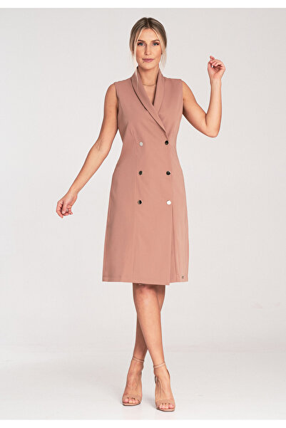 Figl Rochie midi jachetă - rochie elegantă cu nasturi - rochie bej M1067 mări...