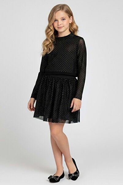 ww waka waka kids store Girl's Black Stone Printed Tulle Detailed Dress