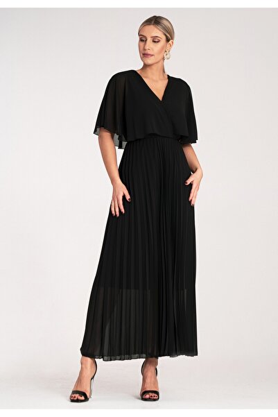 Figl Cape dress - Elegant dress with pleated bottom - Black dress M1123 S/M