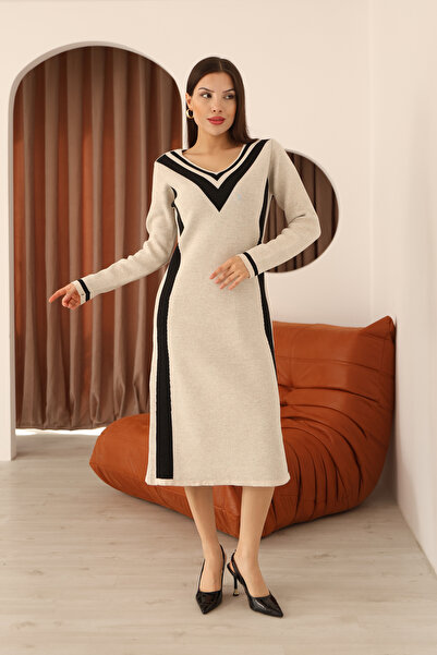 ALCHON Round V-Neck Long Sleeve Jacquard Paneled Striped Stripe Midi Length Below Knee Winter Knitwear Dress