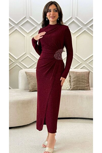 TREN Elegant Shimmer Maxi Dress with Embellished Brooch Detail Long Sleeve Formal Evening Gown