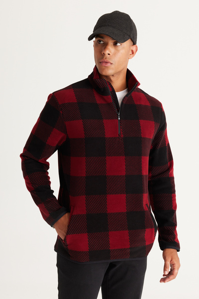 AC&Co / Altınyıldız Classics Burgundy-Black Standard Fit Regular Cut Stand Collar Fleece Sweatshirt