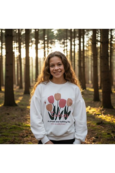 FESSHERA KİDS Girls' Sweatshirt Balloon Sleeve Printed Oversized Cotton Sweatshirt / Wide Fit Long Sleeve T-Shirt