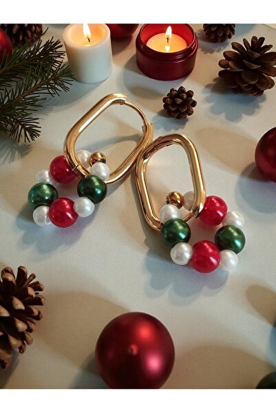 Amabel Jewelerys Christmas Themed Pearl Charm Oval Steel Earrings