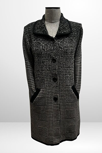 By Saygı Women's Buttoned Front Houndstooth Patterned Large Size Knitwear Coat with Pockets