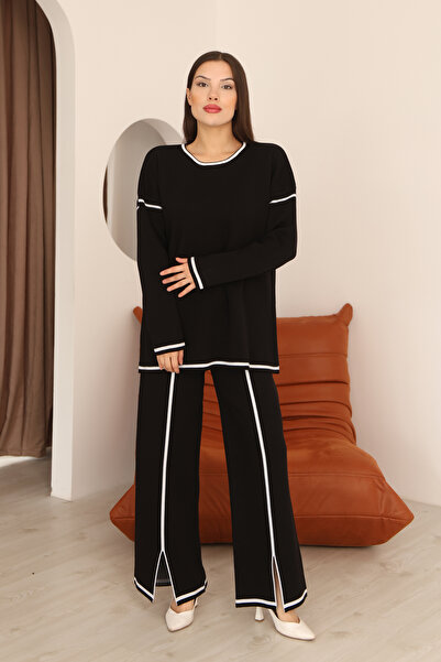 ALCHON Crew Neck Long Low-Sleeve Striped Basic Sweater Slit Waist-Lined Pants Two-Piece Knitwear Set