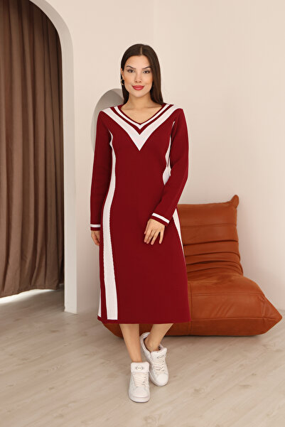 ALCHON Round V-Neck Long Sleeve Jacquard Paneled Striped Stripe Midi Length Below Knee Winter Knitwear Dress