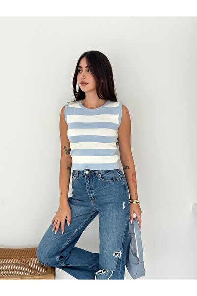 b buhari bykoc Crew Neck Striped Knit Blouse