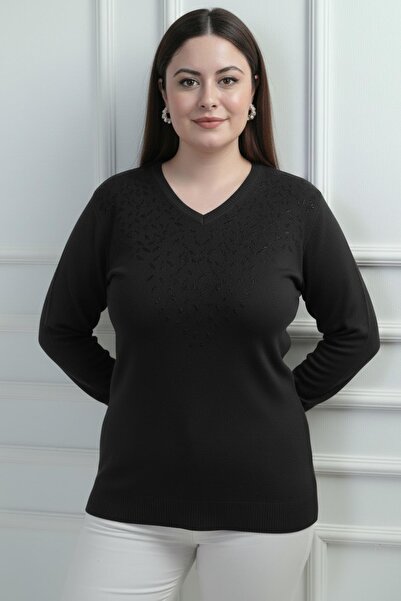 By Saygı Women's V-Neck Front Glitter Detailed Plus Size Knitwear Blouse