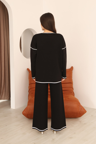 ALCHON Crew Neck Long Low-Sleeve Striped Basic Sweater Slit Waist-Lined Pants Two-Piece Knitwear Set