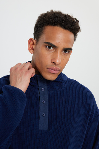 AC&Co / Altınyıldız Classics Navy Blue Loose Fit Stand Collar Jacquard Soft Fleece Sweatshirt