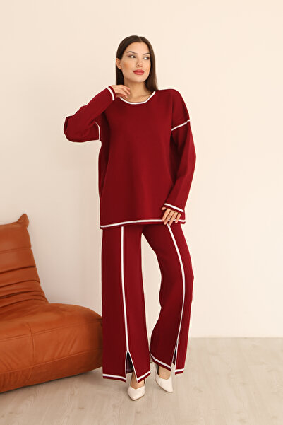 ALCHON Crew Neck Long Low-Sleeve Striped Basic Sweater Slit Waist-Lined Pants Two-Piece Knitwear Set