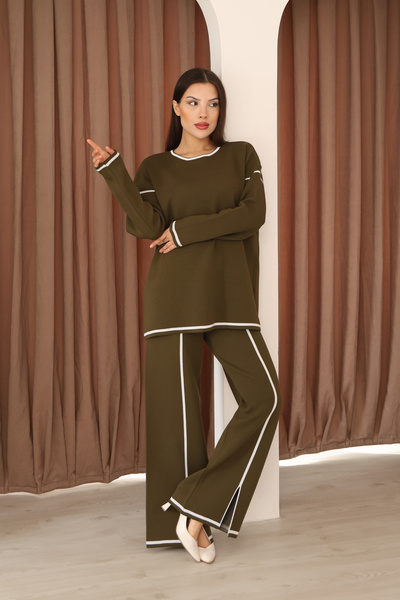 ALCHON Crew Neck Long Low-Sleeve Striped Basic Sweater Slit Waist-Lined Pants Two-Piece Knitwear Set