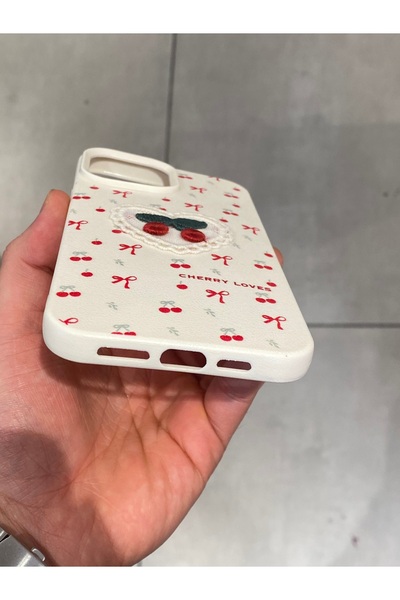 Mee.co iPhone 13 Pro Max Compatible Embroidered Cherry Pattern Case Cherry Figured Knitted Phone Case