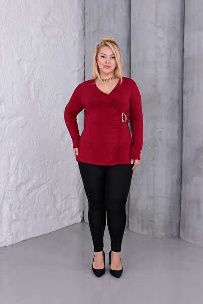 Siyezen Plus Size Double-Breasted Collar Buckle Detailed Blouse