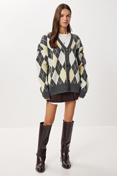 Lovelyİstanbul Oversized Diamond Patterned Knitwear Cardigan Lxa0014 Anthracite Yellow