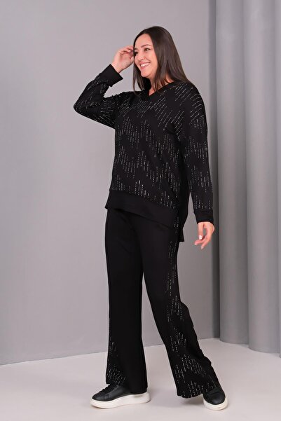 Ebsumu Women's Plus Size Flared Stone B Printed Black Tracksuit Set