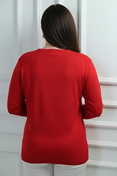 By Saygı Women's V-Neck Front Glitter Detailed Plus Size Knitwear Blouse