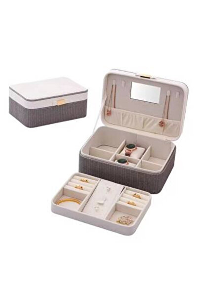 bity thok Elegant gray and white jewelry box with a double compartment and interior mirror