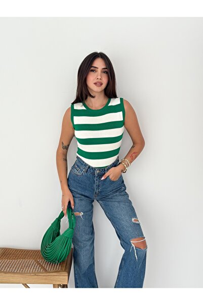 b buhari bykoc Crew Neck Striped Knit Blouse