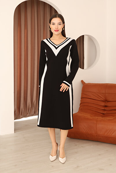 ALCHON Round V-Neck Long Sleeve Jacquard Paneled Striped Stripe Midi Length Below Knee Winter Knitwear Dress