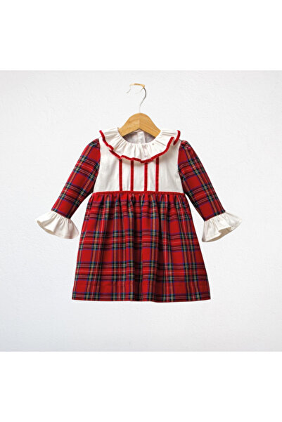 NOBLEKIDS Red Plaid Lined Baby Girl Dress – Ruffled Collar Detail