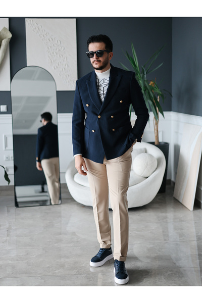 Avni Ceylan Men's Navy Blue Gold Button Textured Double-Breasted Jacket