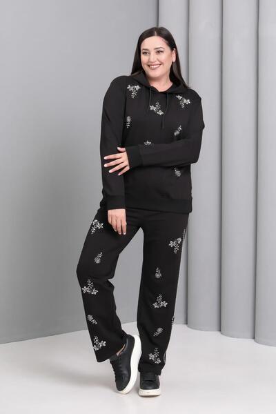 Ebsumu Women's Plus Size Beaded Black Tracksuit Set