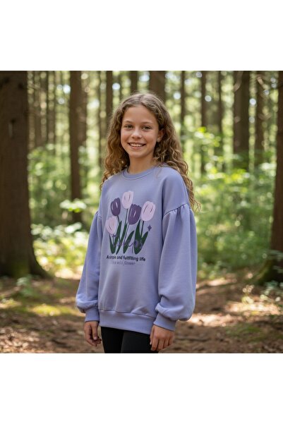 FESSHERA KİDS Kız Çocuk Sweatshirt Balon Kol Baskılı Oversize Pamuklu Sweatsh...