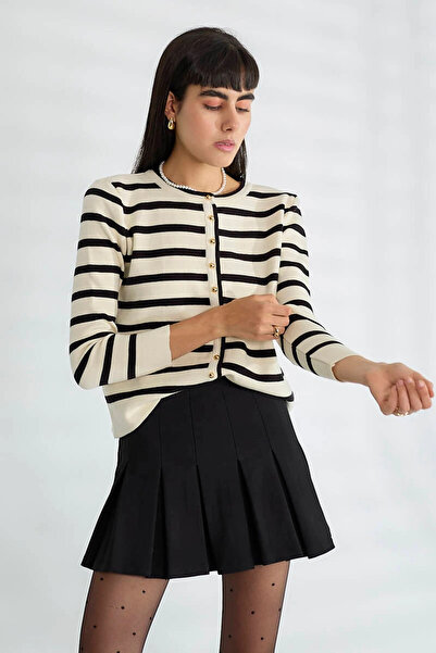 cemo Basic Buttoned Striped Long Sleeve Slim Knitwear