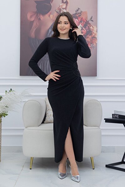 TREN Elegant Shimmer Maxi Dress with Embellished Brooch Detail Long Sleeve Formal Evening Gown