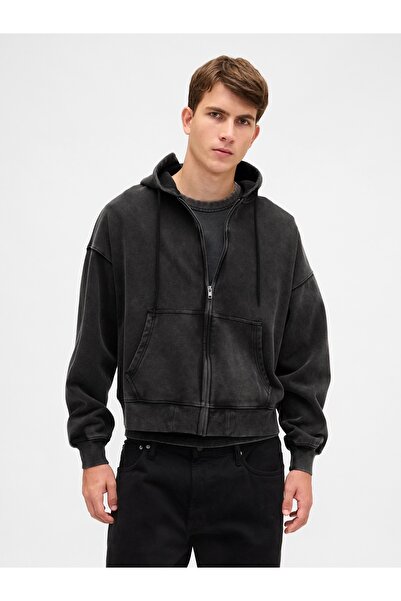 GAP Erkek Siyah Heavyweight Oversized Crop Fermuarlı Sweatshirt