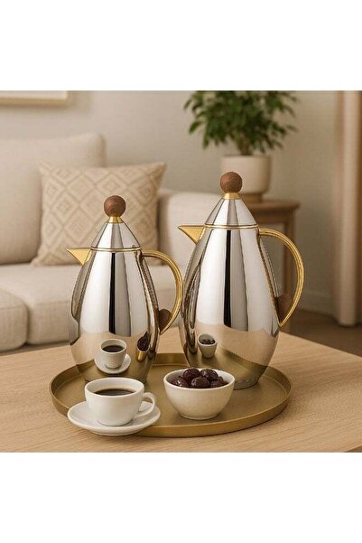 LALOZA ✨ Luxurious 2-piece coffee pot set – Shiny steel with gold and wood accents | For tea and coffee (1 liter each) ✨