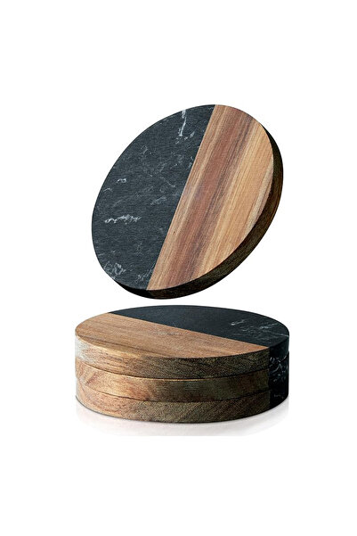 SanDonna Set of 4 round black glass coasters, made of marble and wood,