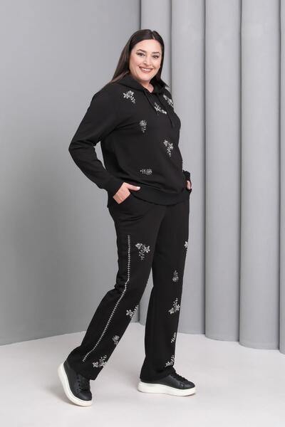 Ebsumu Women's Plus Size Beaded Black Tracksuit Set