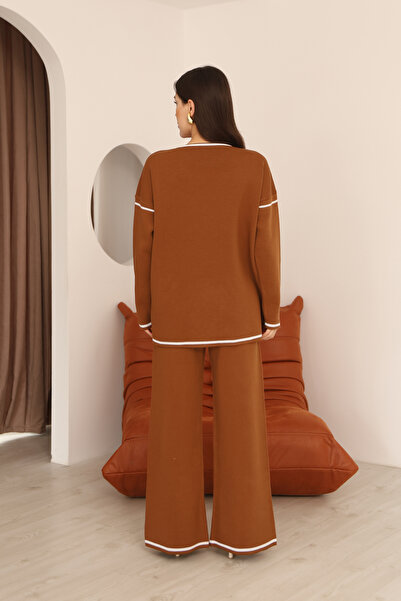 ALCHON Crew Neck Long Low-Sleeve Striped Basic Sweater Slit Waist-Lined Pants Two-Piece Knitwear Set