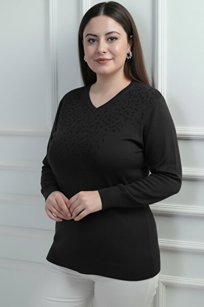 By Saygı Women's V-Neck Front Glitter Detailed Plus Size Knitwear Blouse