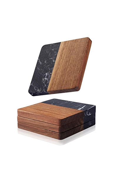 SanDonna Set of 4 square black glass coasters, made of marble and wood,
