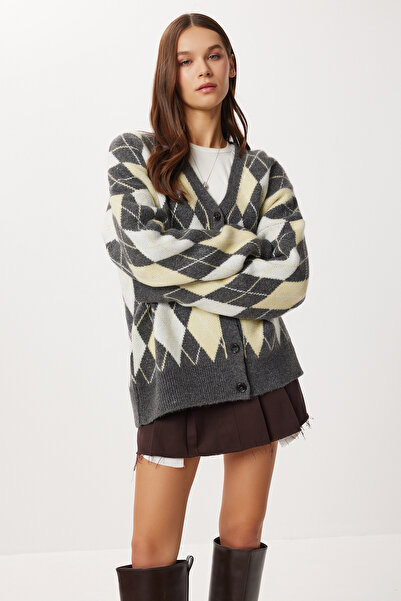 Lovelyİstanbul Oversized Diamond Patterned Knitwear Cardigan Lxa0014 Anthracite Yellow