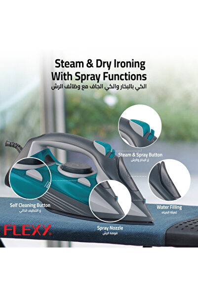 flexy 2800W Electric Steam Iron with Ceramic Soleplate, 300ml Tank, Burst Steam & Spray Function