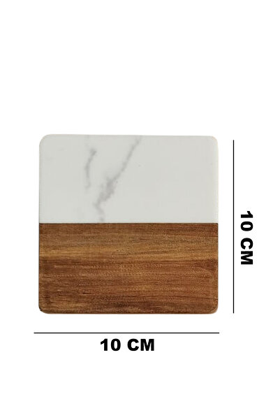 SanDonna Set of 4 square white glass coasters, made of marble and wood,
