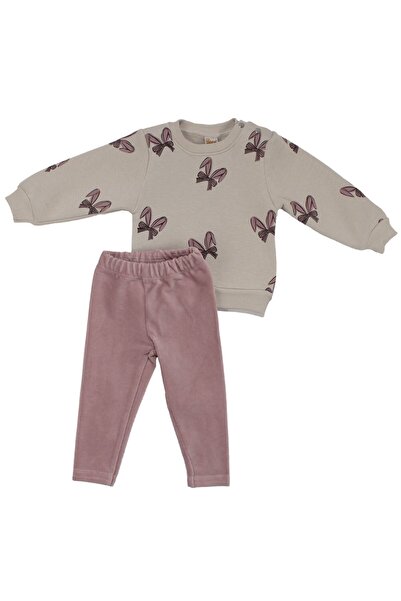 bebegen طقم مكون من قطعتين للفتيات الصغيرات باللون البيج والأرجواني مع فيونكة مطبوع وبنطلون ضيق مخملي